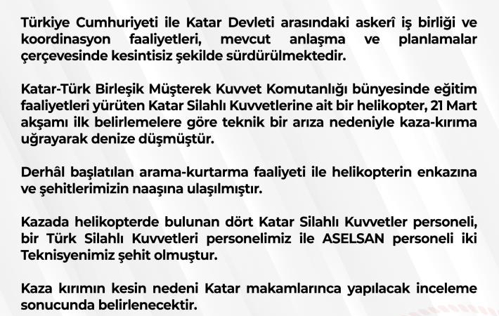 Katar’da helikopter faciası: 3 Türk personel şehit